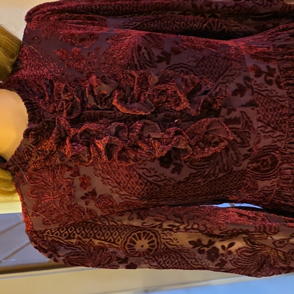 MOTF FLORAL FLOCKING Velvet Long Sleeve Dress in Deep Burgundy  M - Picture 3 of 16